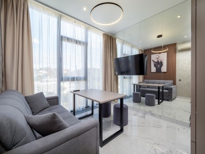 Апартаменты Люкс (2 спальни) 6-местный 3-комнатный. Этажи 14,15,16. гостиная объедененная с кухней, обрудованной обеденной зоной и 2мя спальнями, фото 8