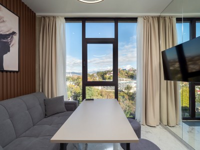 Апартаменты Люкс (2 спальни) 6-местный 3-комнатный. Этажи 14,15,16. гостиная объедененная с кухней, обрудованной обеденной зоной и 2мя спальнями, фото 11